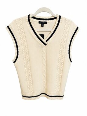 Say What? Cream V-Neck Cable Knit Sweater Vest with Black Trim🩵NWT